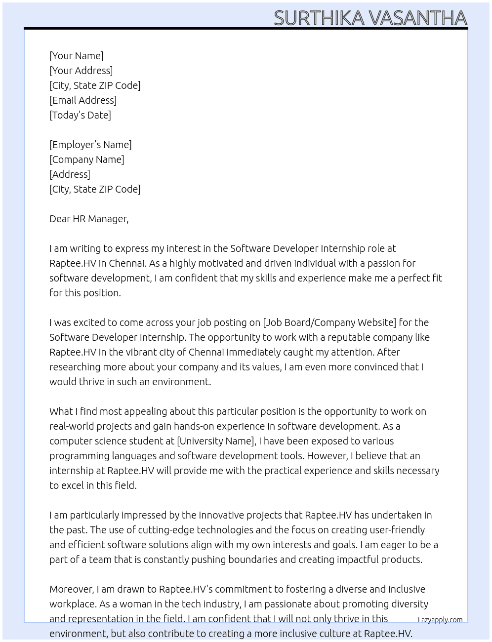  Software Developer Internship At Raptee.HV Cover Letter