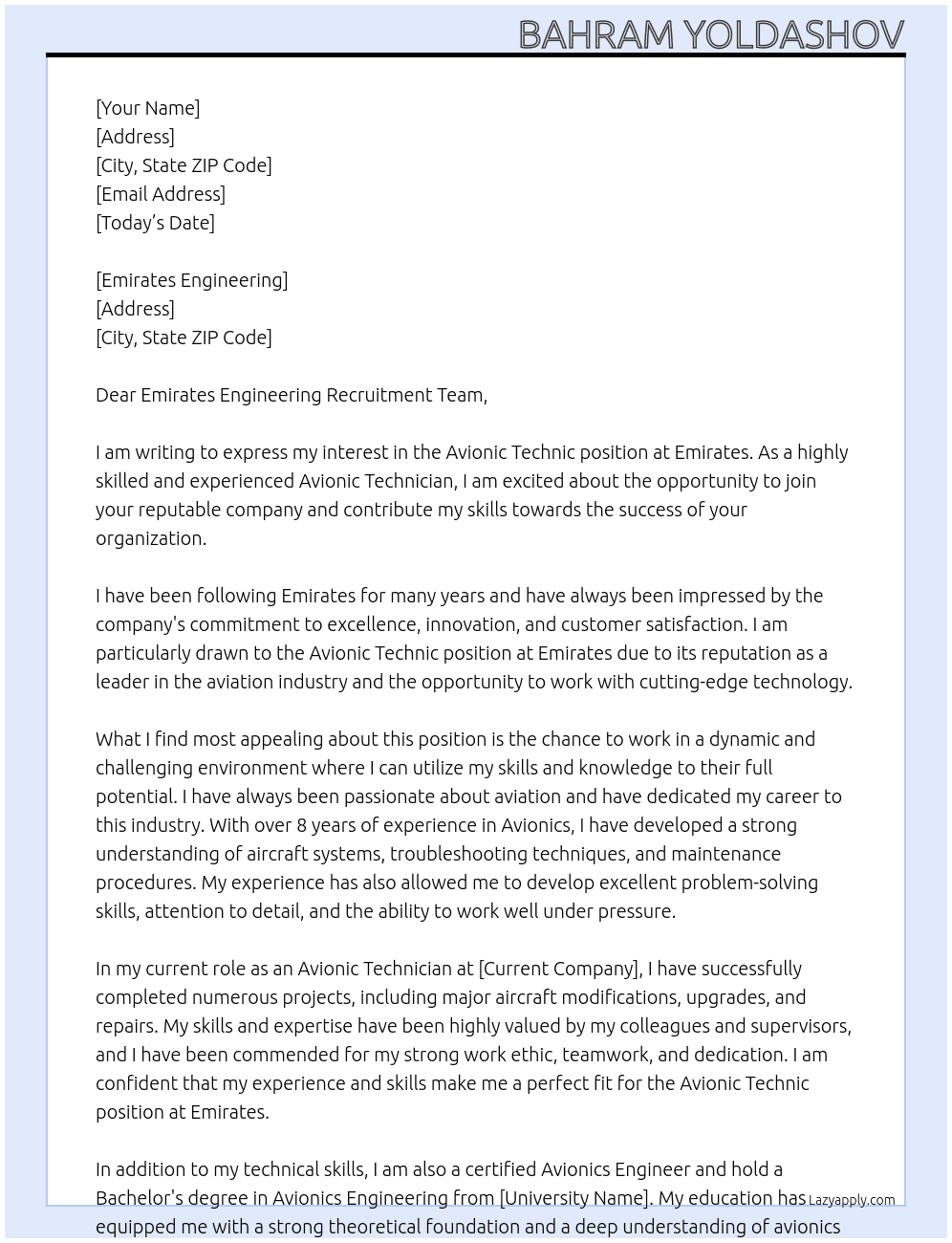 Cover letter for avionic technic - LazyApply