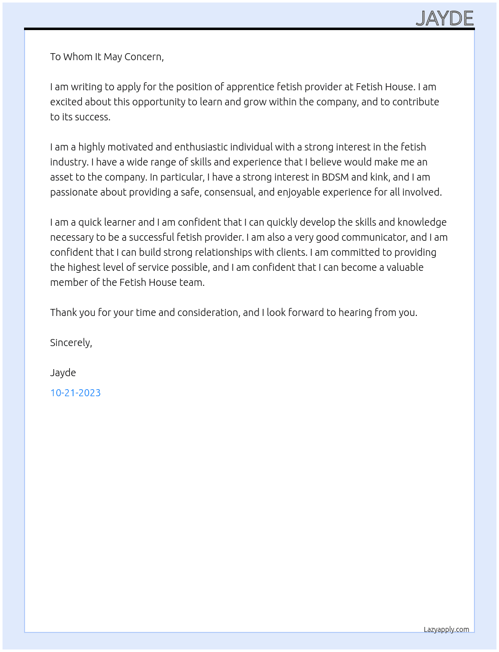 apprentice fetish provider At Fetish House Cover Letter