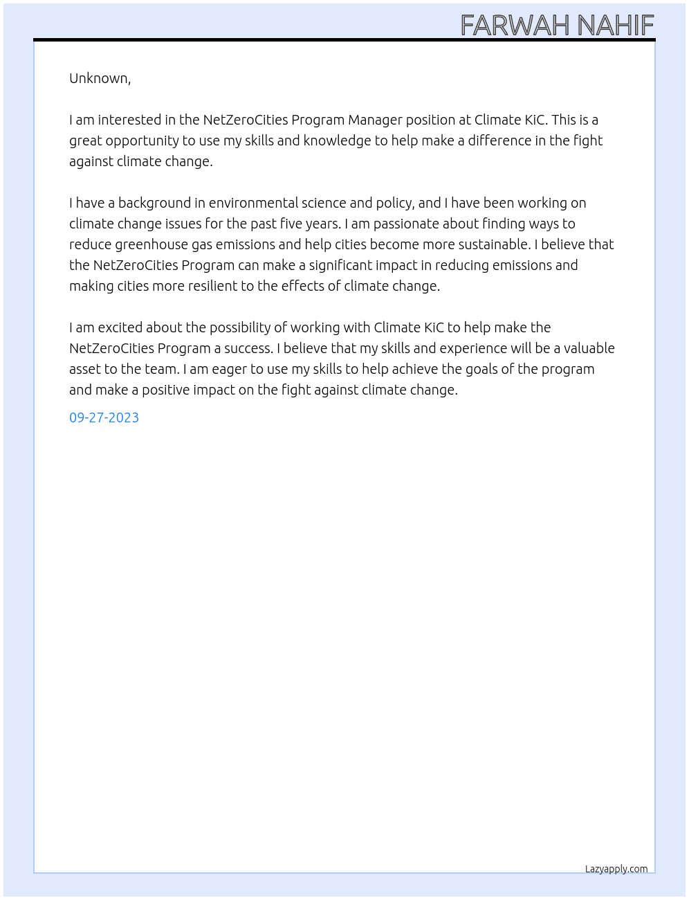 NetZeroCities Program Manager At Climate KiC Cover Letter