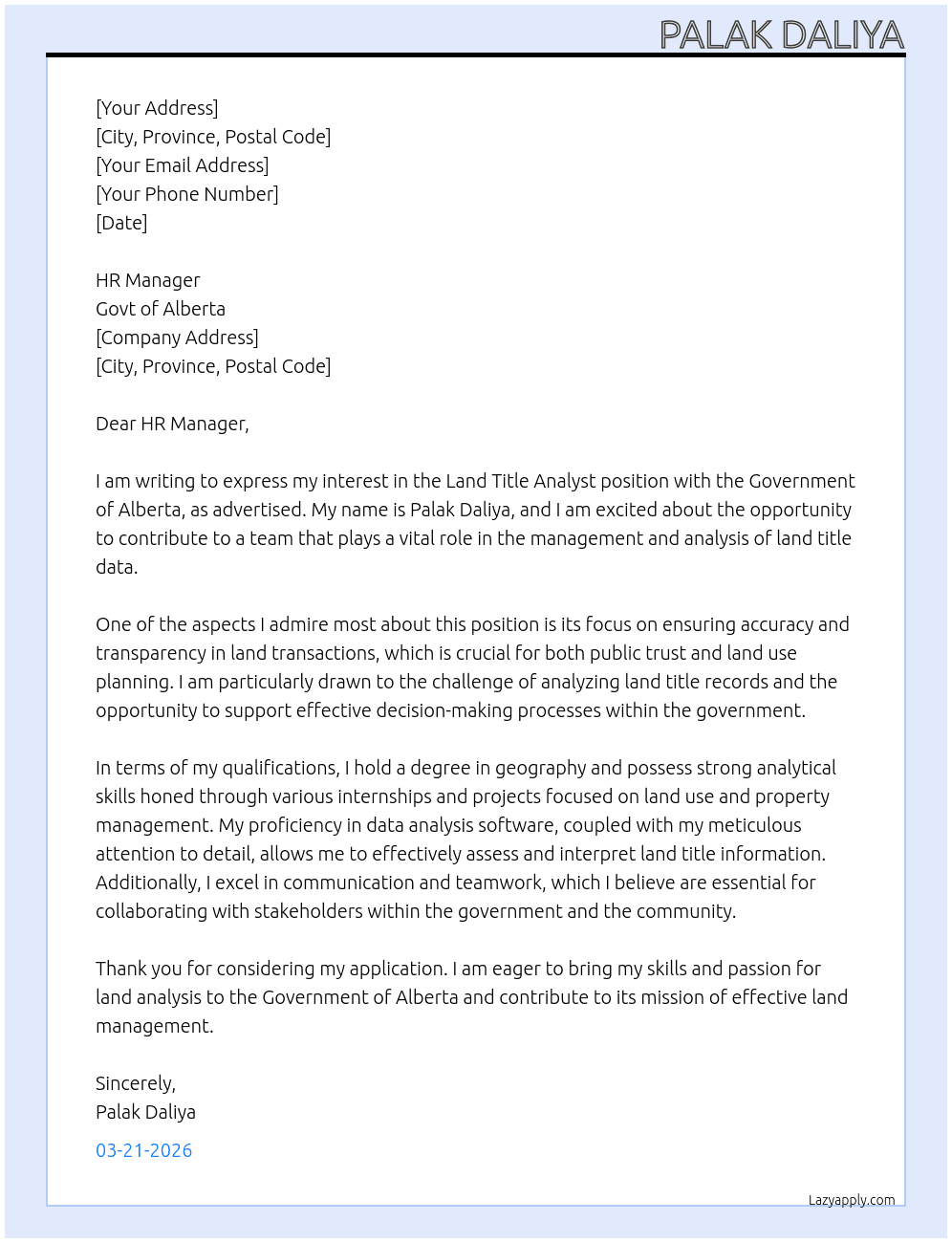 Land title analyst  At Govt of Alberta  Cover Letter