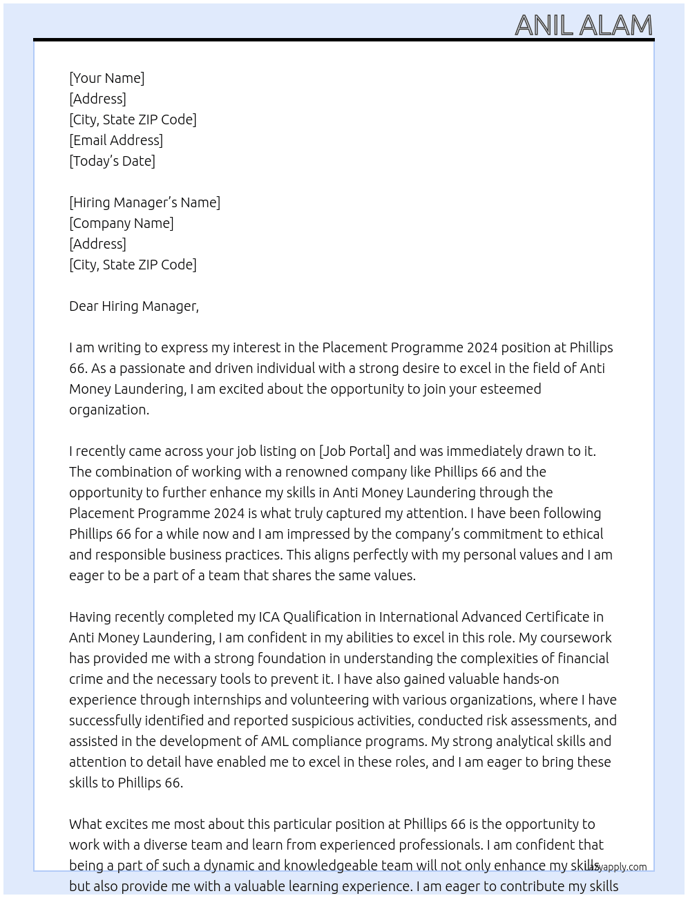 Placement Programme 2024 At Phillips 66 Cover Letter