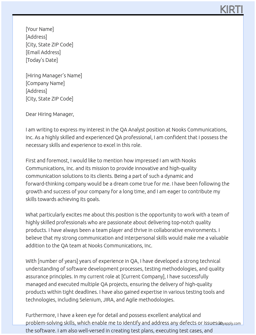 QA Analyst At Nooks Communications, Inc. Cover Letter