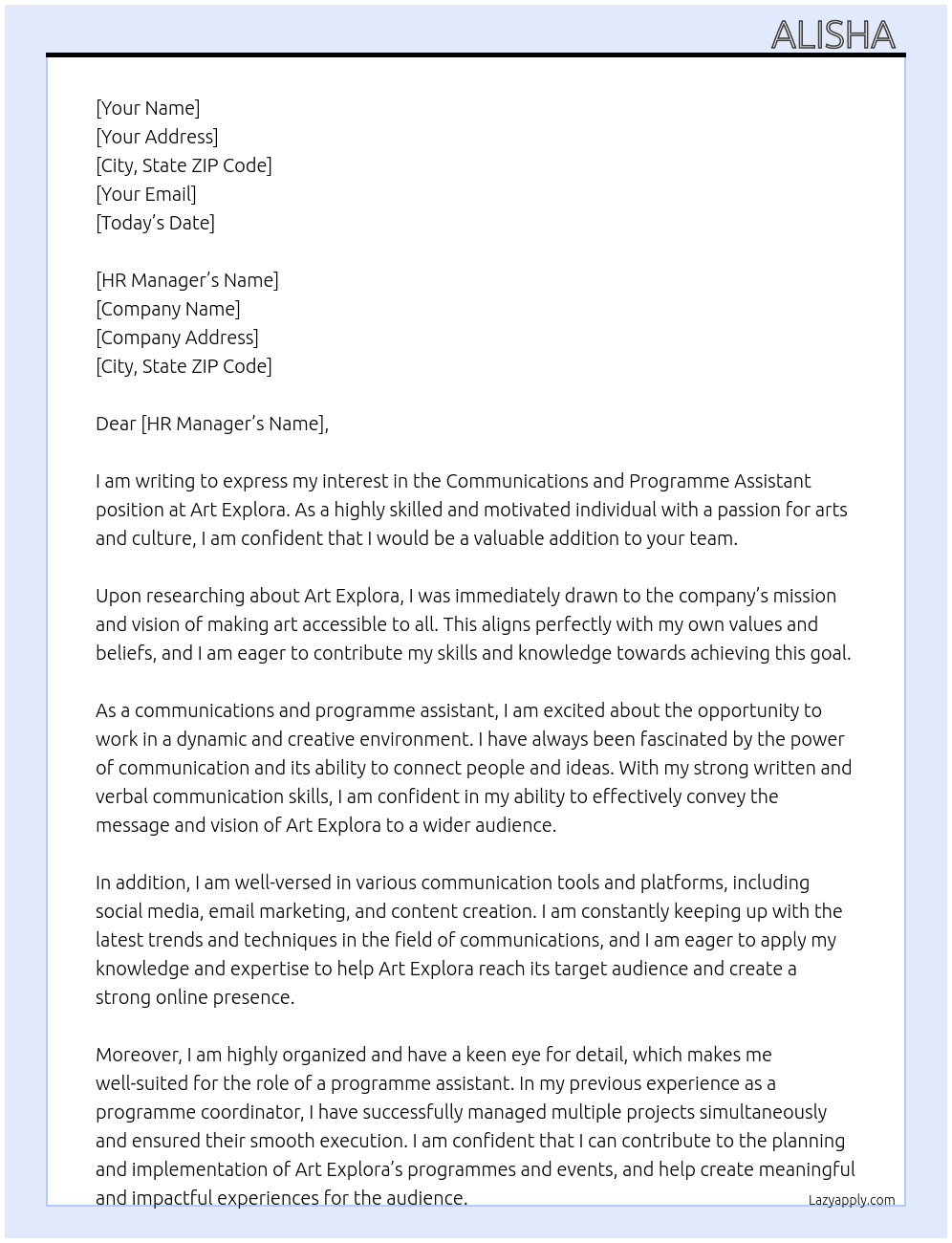 Communications and Programme Assistant  At Art Explora  Cover Letter