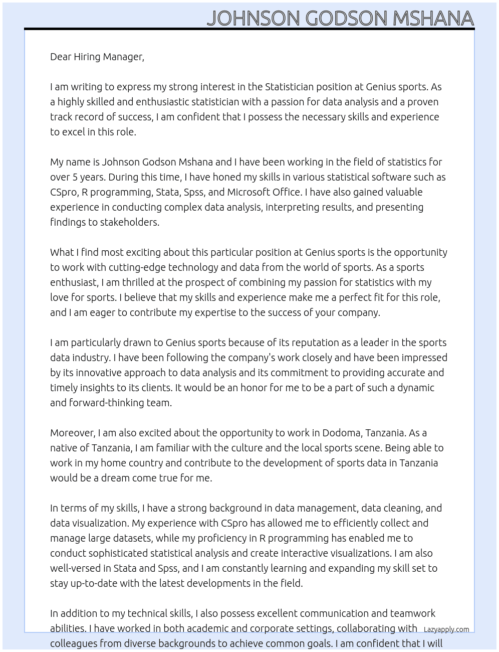 Statistician At Genius sports Cover Letter