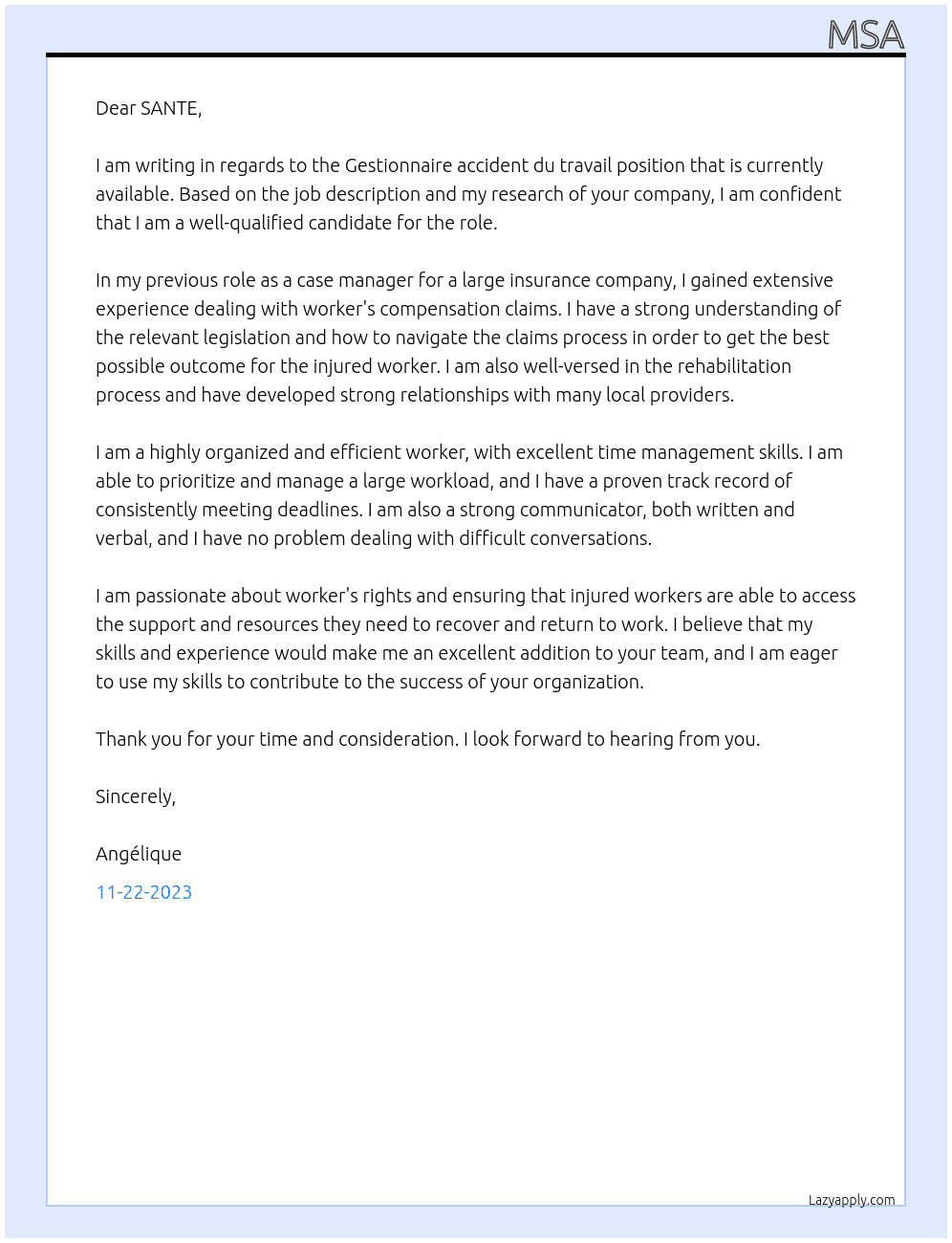 Gestionnaire accident du travail At SANTE Cover Letter