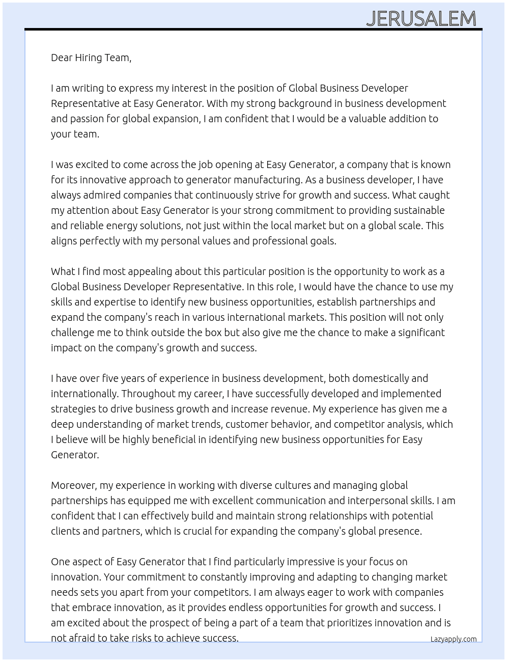 Global business Developer Representative  At Easy generator  Cover Letter
