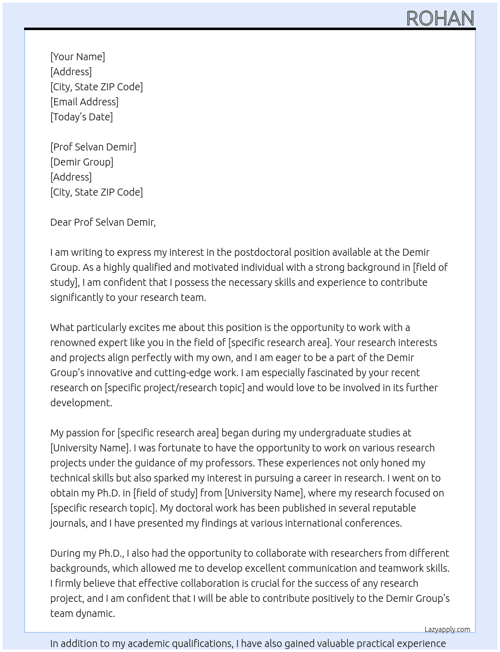 Inquiry for postdoctoral position At Demir group Cover Letter