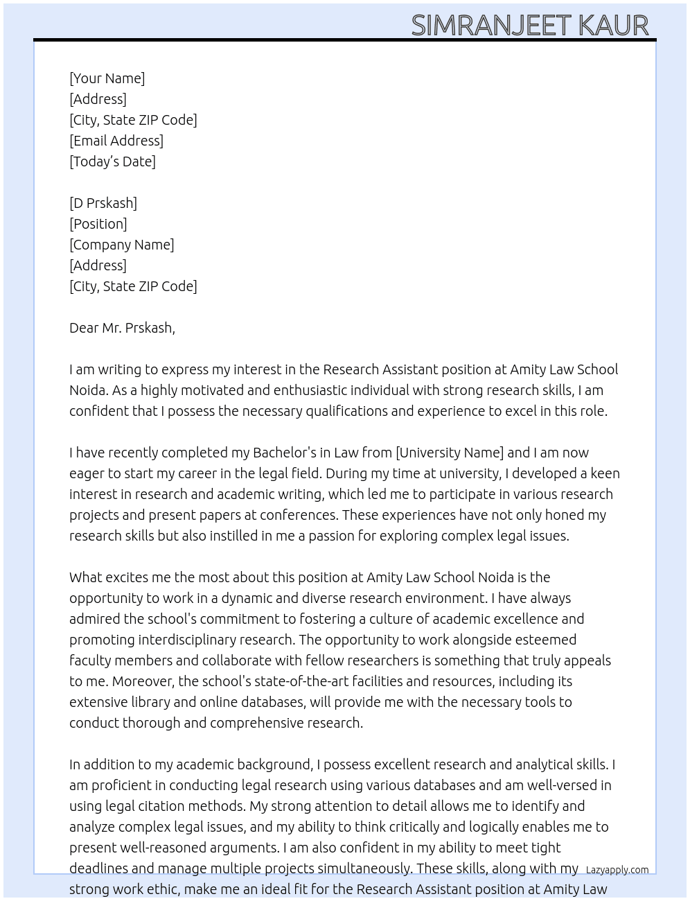Research Assiatant At Amity Law School Noida Cover Letter