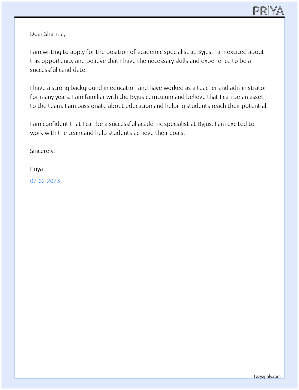Academic specialist At Sharma Cover Letter