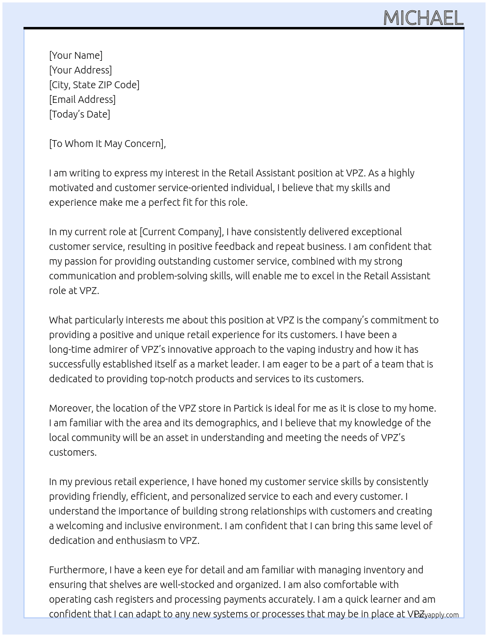 Retail Assistant At VPZ Cover Letter