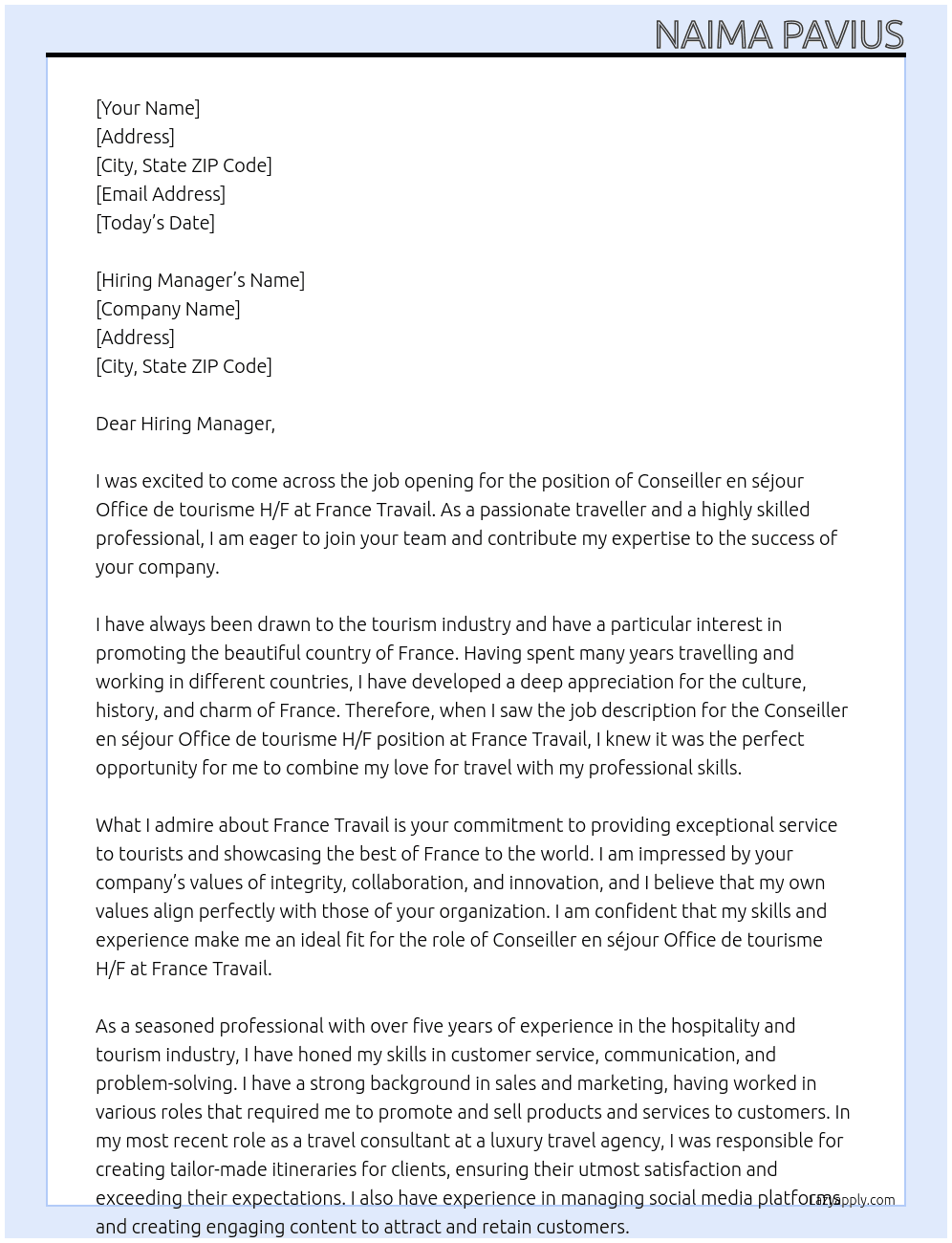 Conseiller en séjour Office de tourisme H/F At France Travail Cover Letter