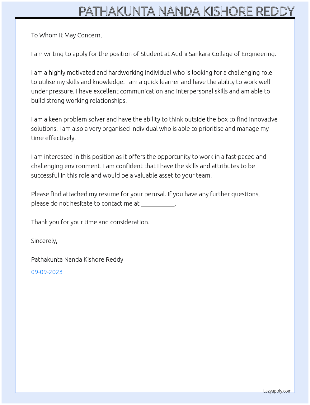 Student At To ask my tenth certificate Cover Letter