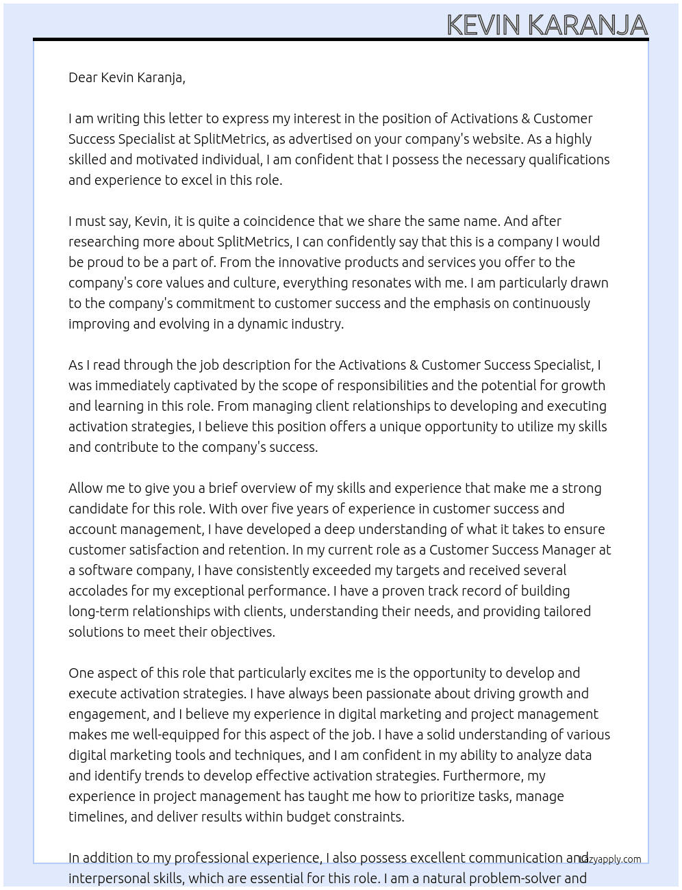 Activations & Customer Success Specialist At SplitMetrics Cover Letter