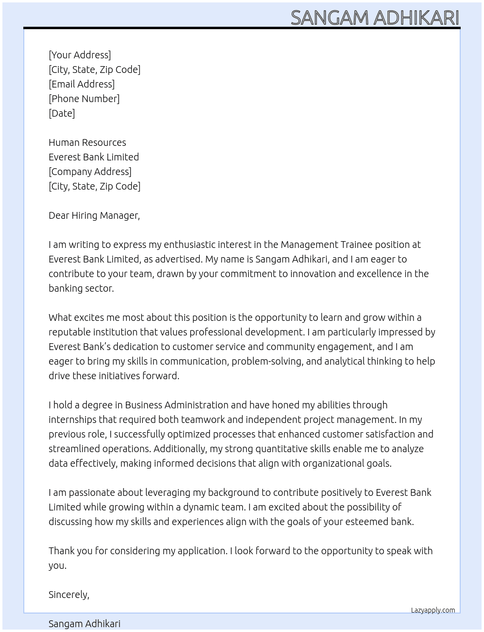 Management Trainee At Sangam Adhikari Cover Letter