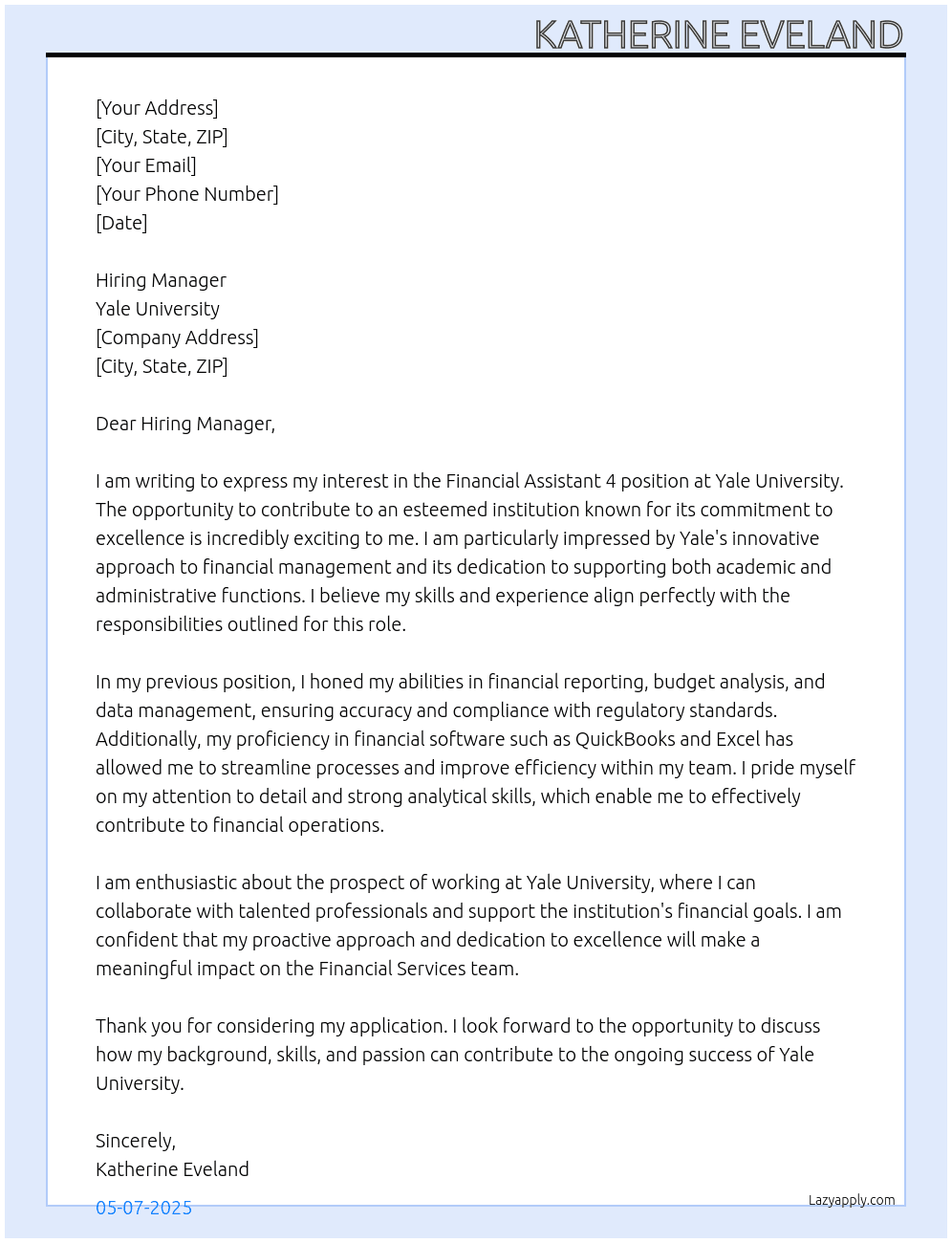 Financial Assistant 4 At Yale University Cover Letter