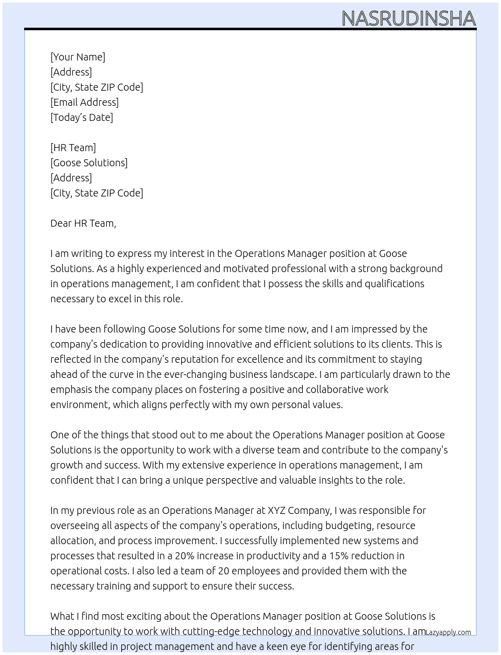 Operations Manager At Goose solutions Cover Letter