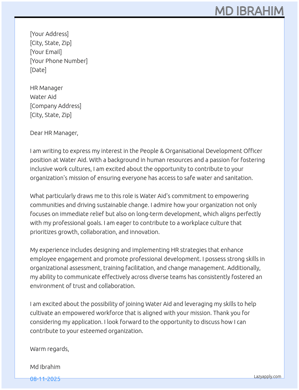 Cover letter for people & organisational development officer - LazyApply