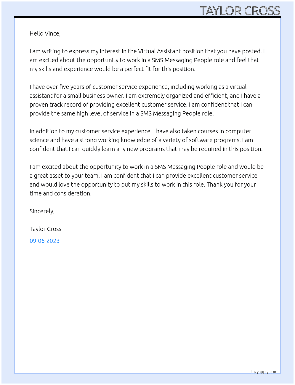 Virtual Assistant At Not Applicable Cover Letter