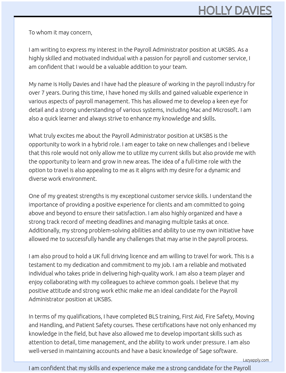 Payroll Administrator At UKSBS Cover Letter