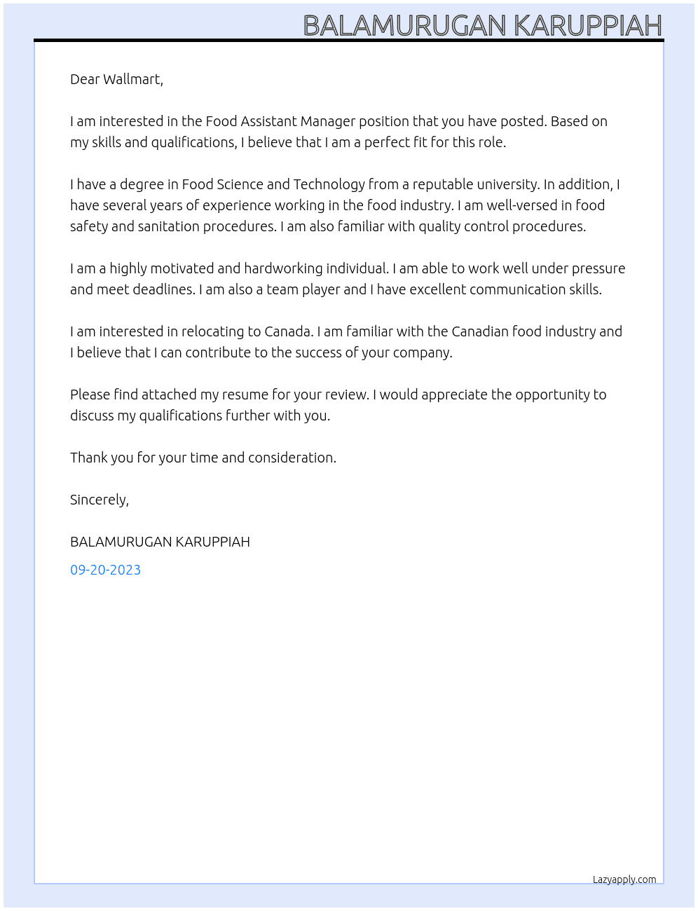 Food Assistant Manager At Wallmart Cover Letter