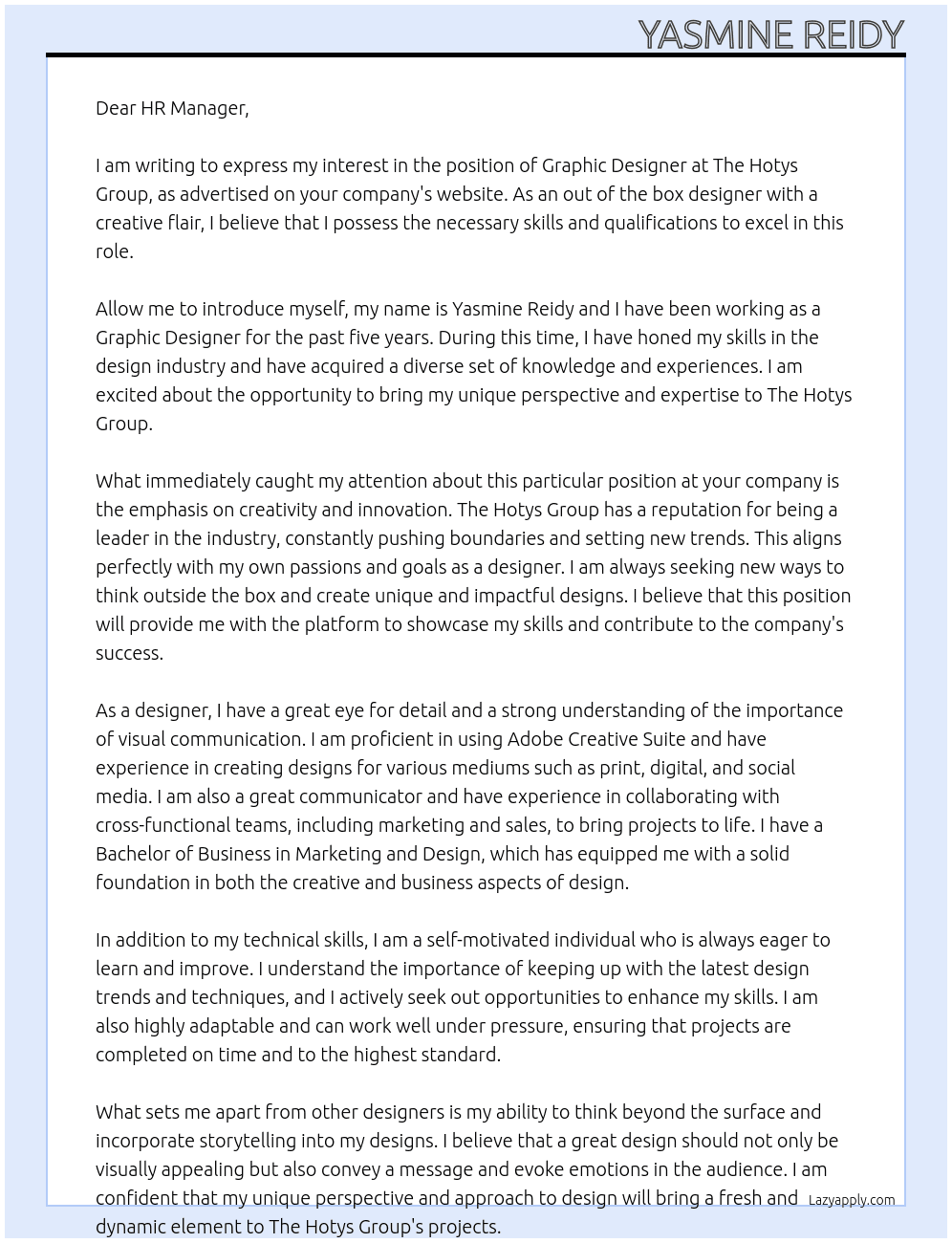 Graphic Designer At The Hotys Group Cover Letter