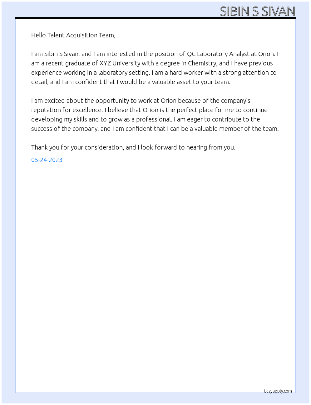 QC Laboratory Analyst At Orion Cover Letter