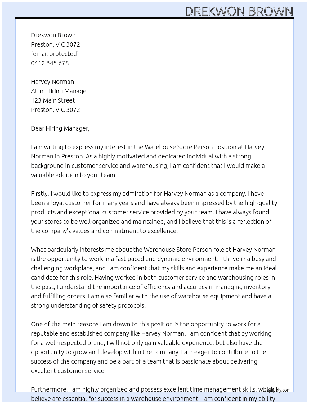 wharehouse store person At Harvey Norman Cover Letter