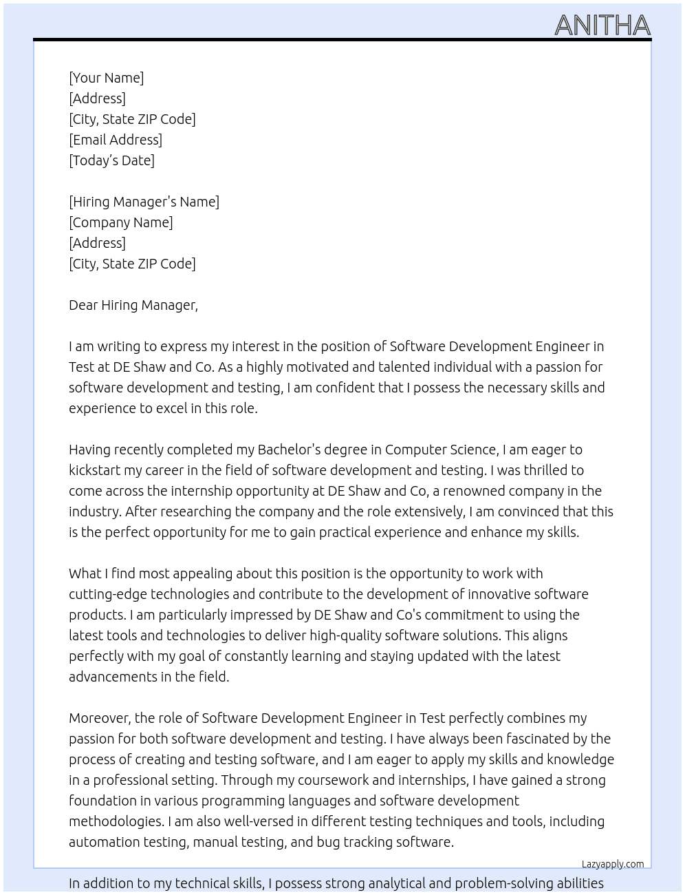 Software Development Engineer in test At DE Shaw and Co Cover Letter