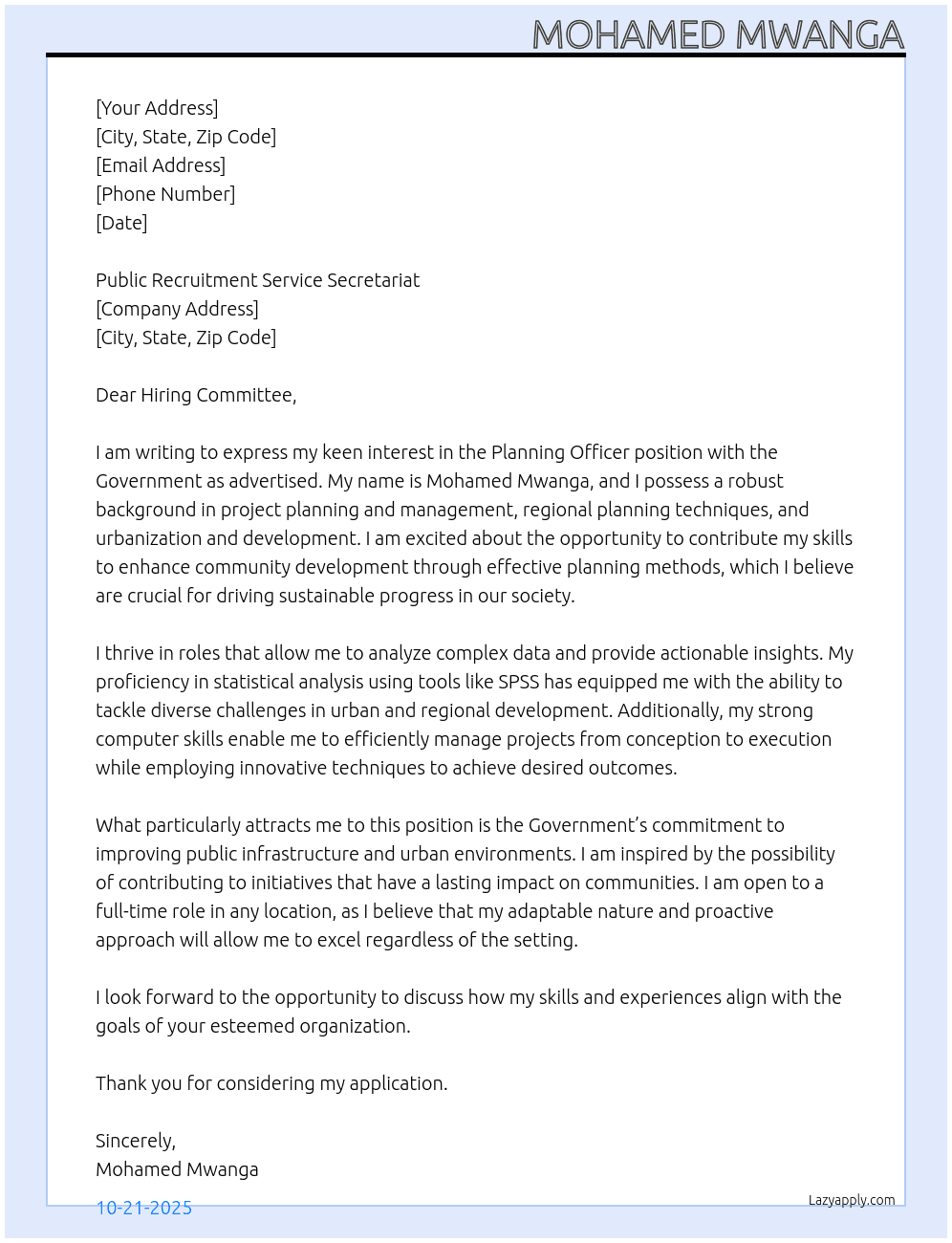 Planning Officer At Goverment Cover Letter