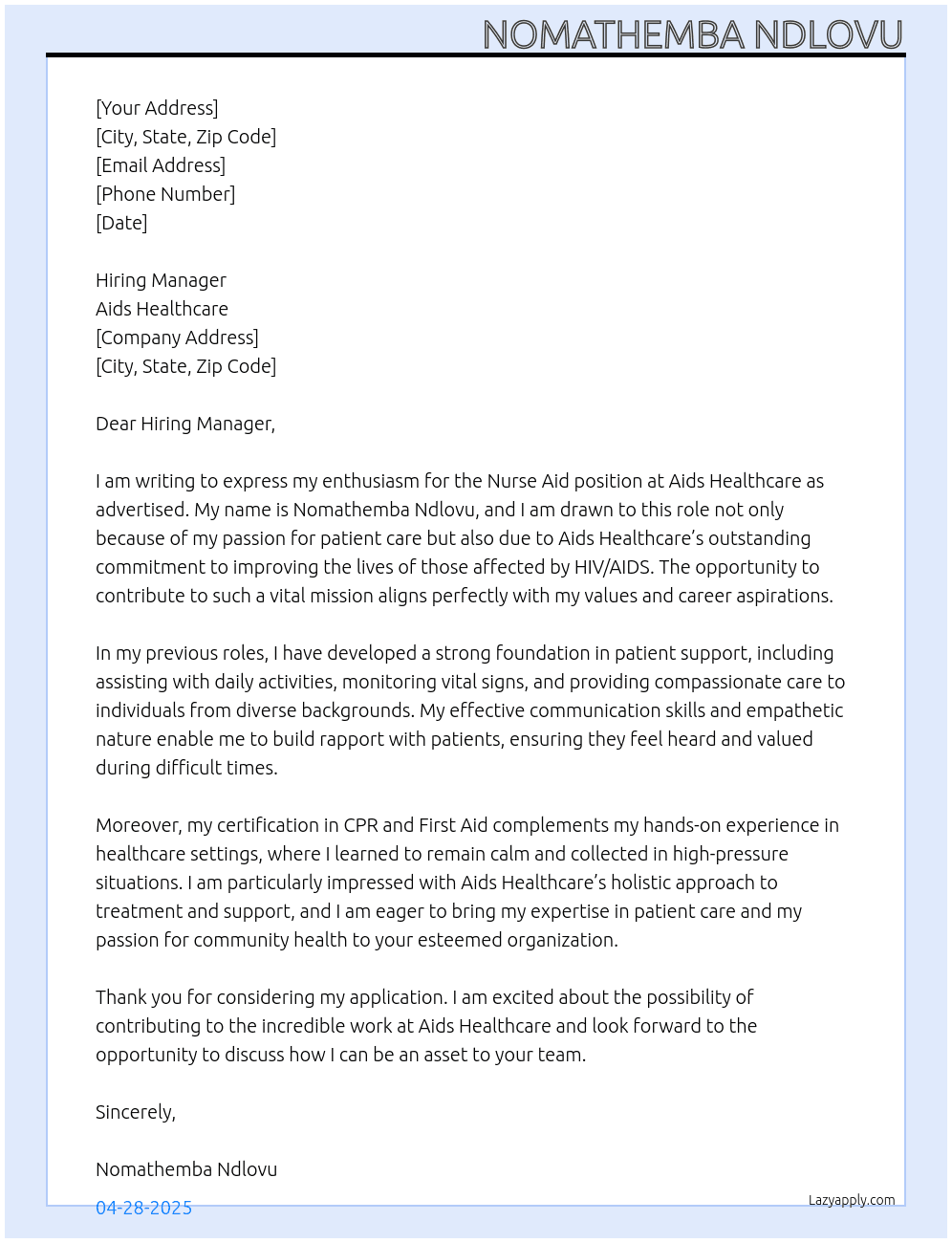 Nurse Aid  At Aids Healthcare  Cover Letter