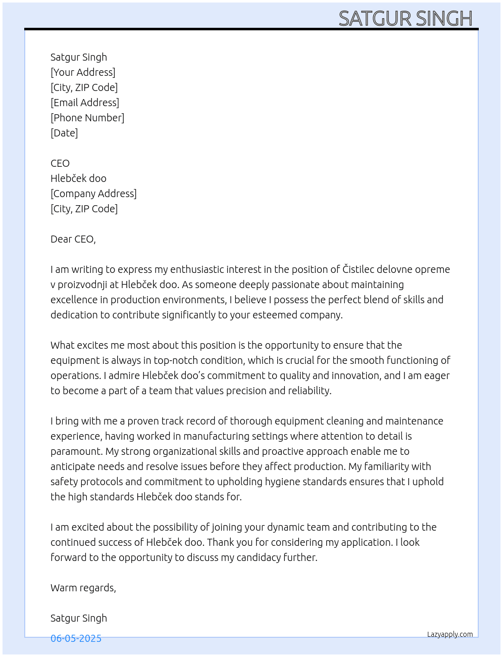 Čistilec delovne opreme v proizvodnji  At Hlebček doo Cover Letter