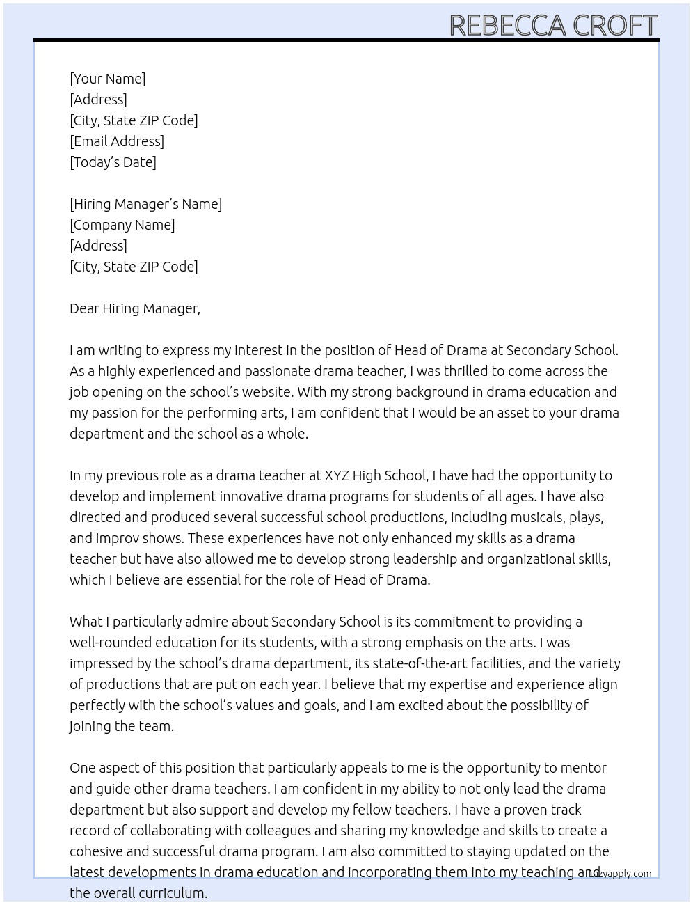 Head of drama At Secondary school Cover Letter
