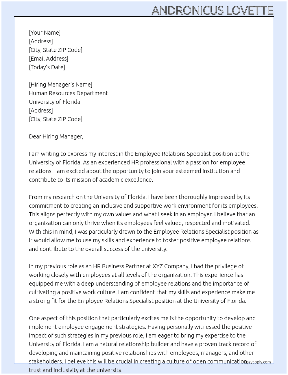 Employee Relations Specialist At University of Florida Cover Letter