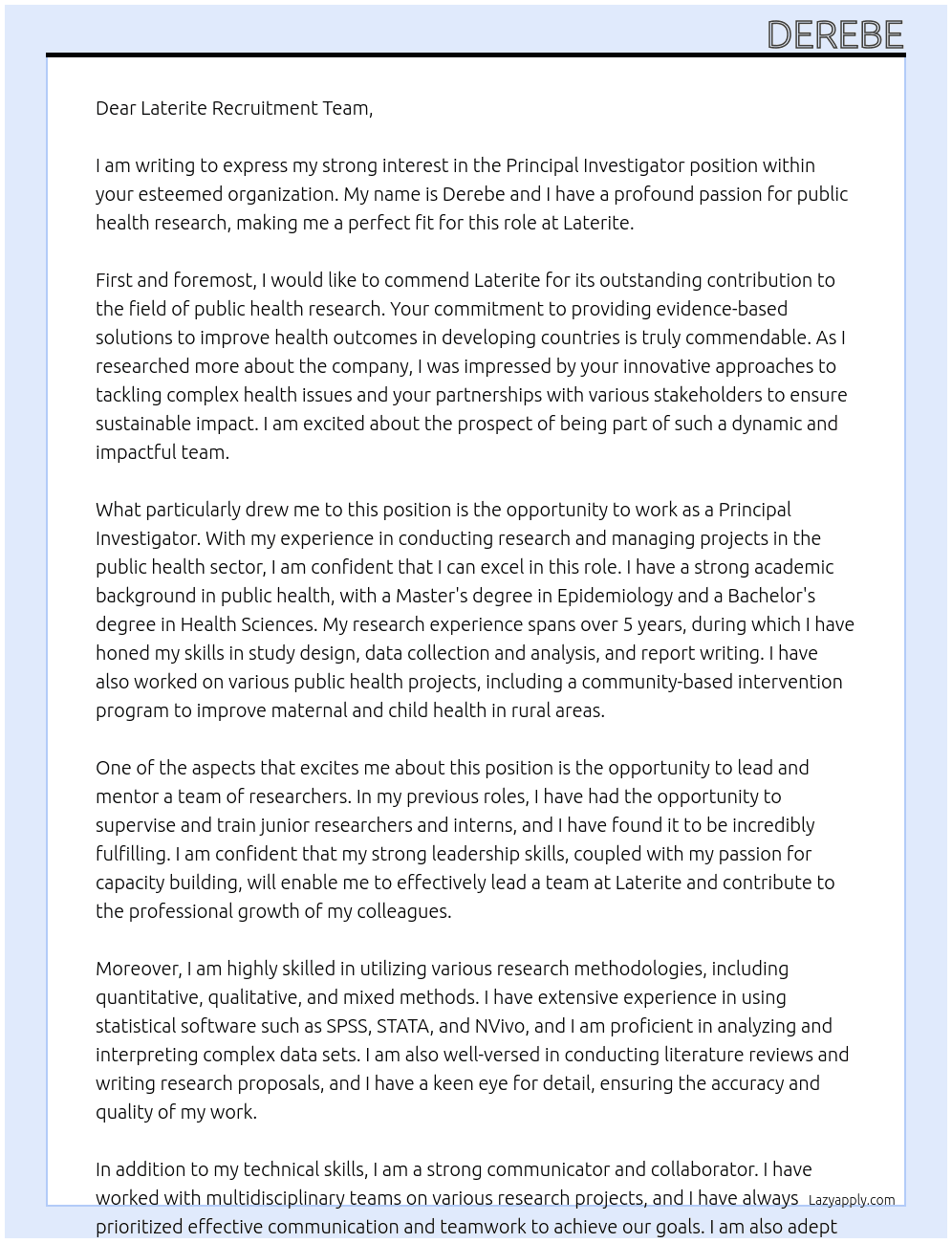 Principal Investigator (Public Health) At Laterite Cover Letter