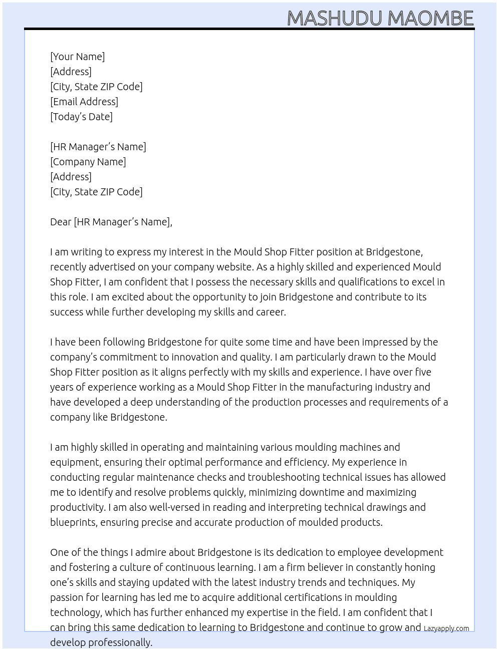 Mould shop Fitter At Bridgestone Cover Letter