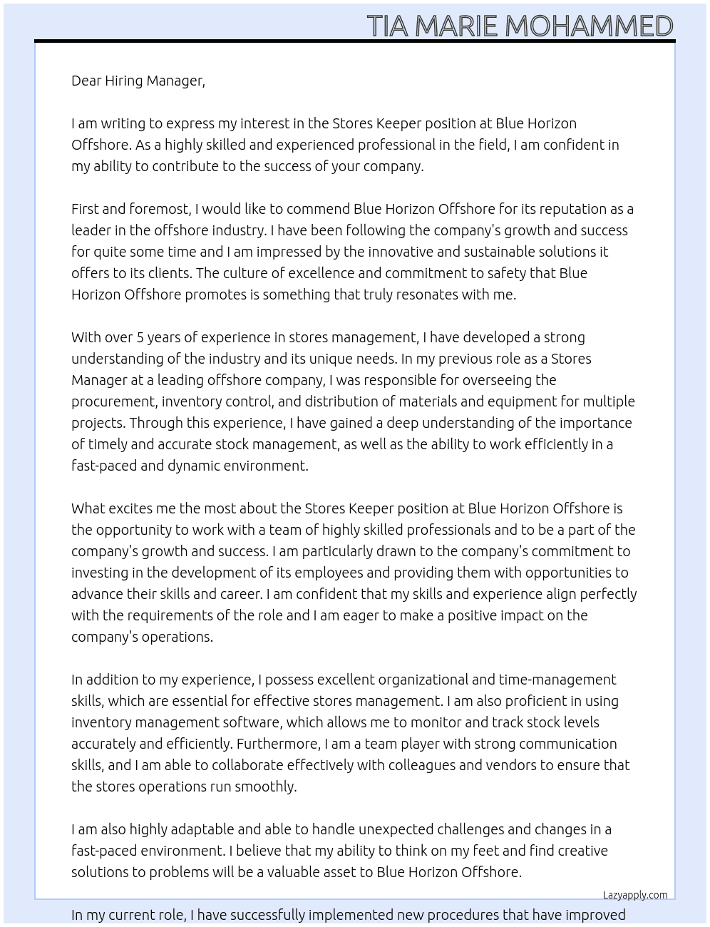 Stores Keeper At Blue Horizon Offshore Cover Letter