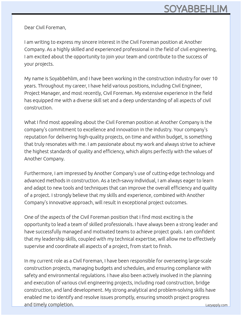 Civil Foreman  At Another company  Cover Letter
