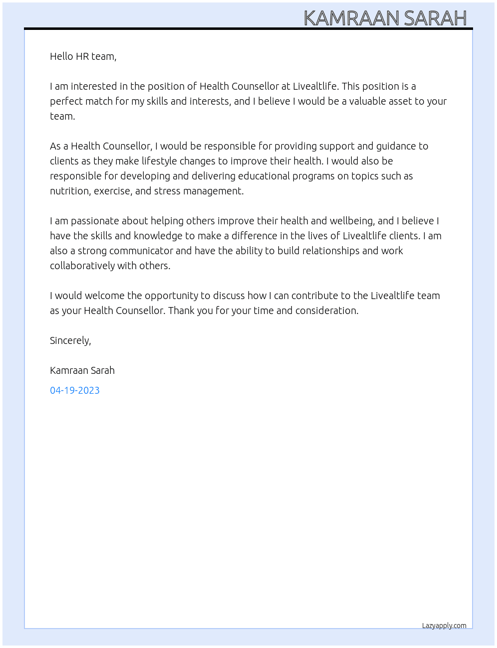 Health counsellor At Livealtlife Cover Letter