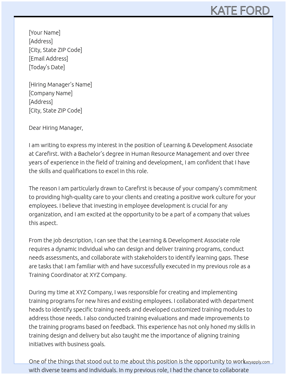 Learning & Development Associate At Carefirst Cover Letter