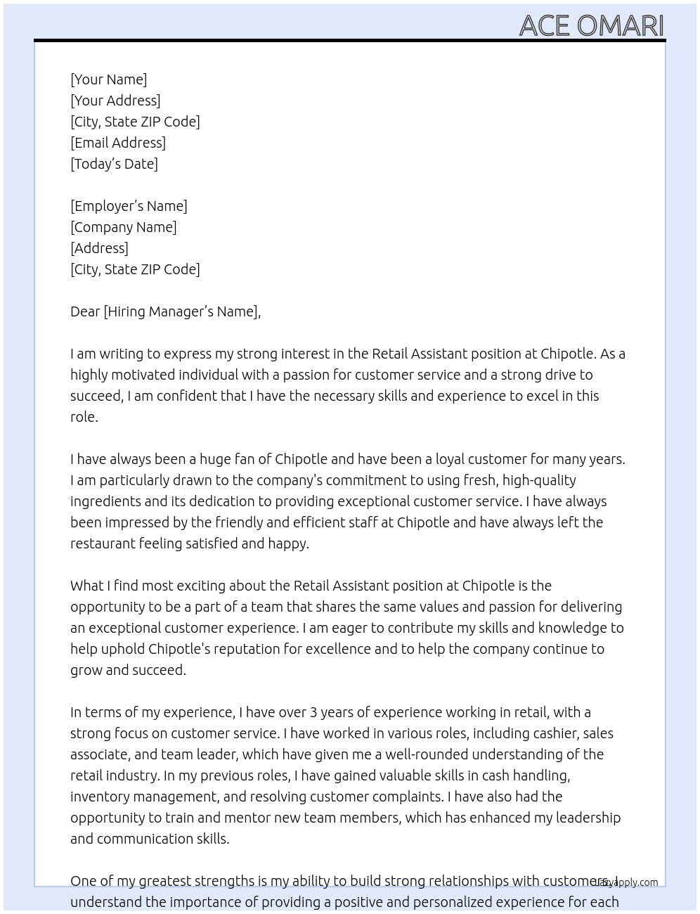 retail assistant At chipotle Cover Letter