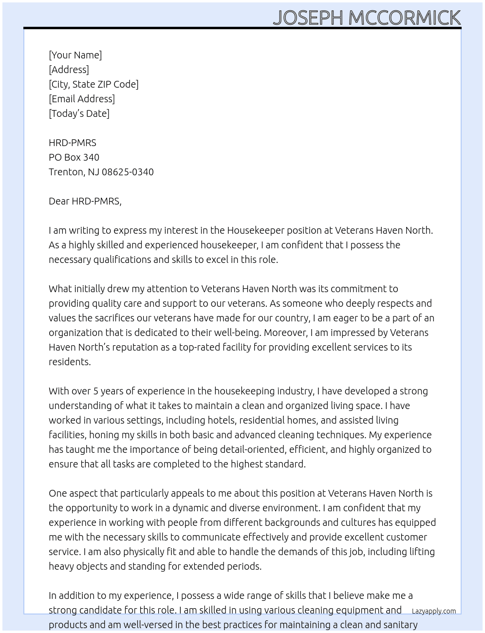 Housekeeper At Veterans Haven North Cover Letter