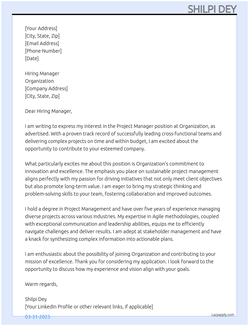 Project Manager At Organization Cover Letter