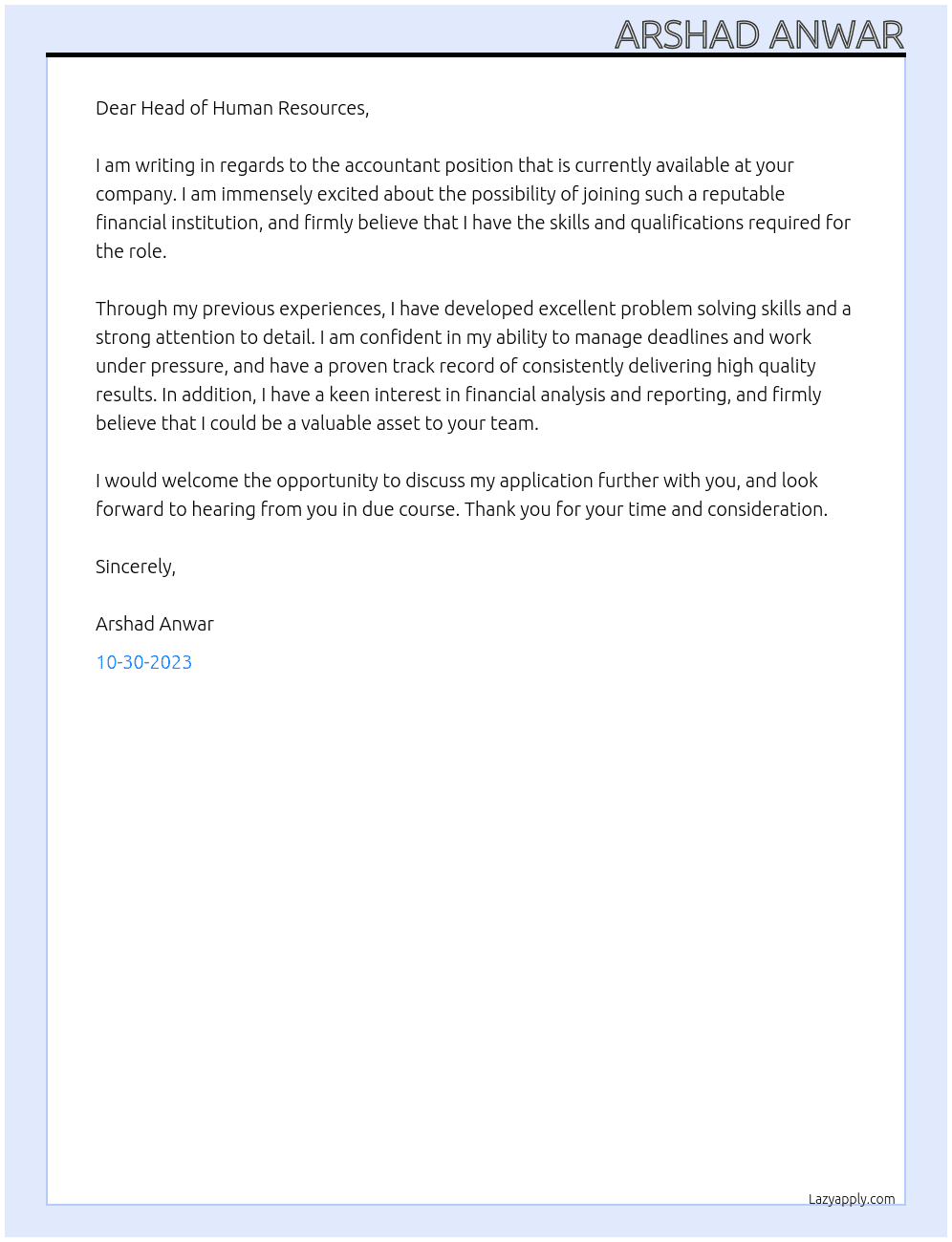 Accountant At Financial company Cover Letter