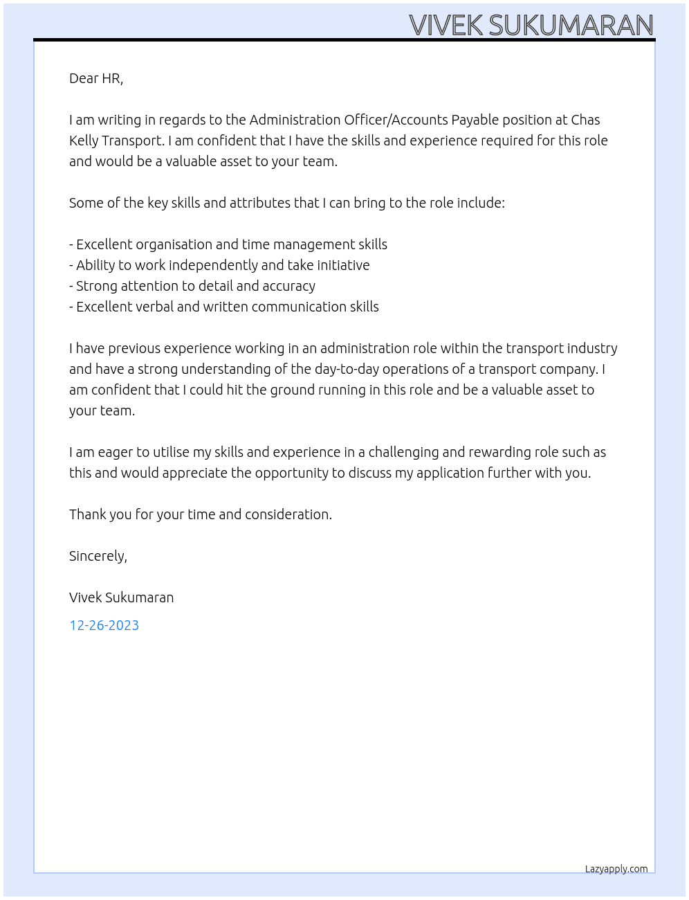 Administration Officer/Accounts Payable At Chas Kelly Transport Cover Letter