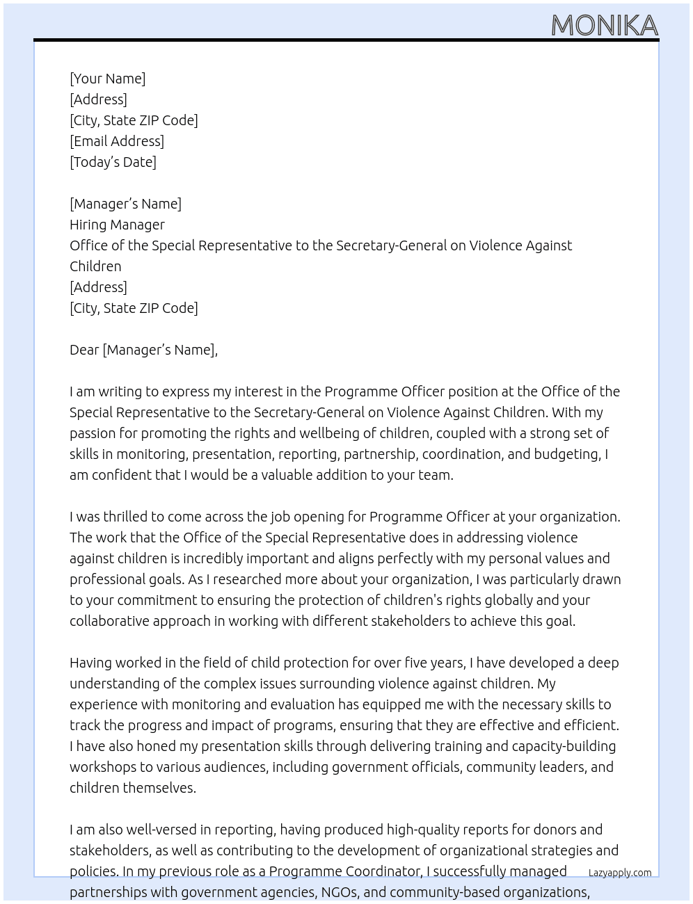 Programme Officer At Office of the Special Representative to the Secretary-General on Violence Against Children Cover Letter