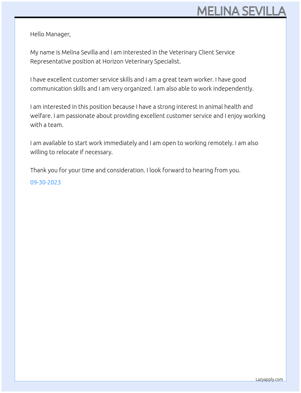 Veterinary client service representative  At Horizon veterinary specialist  Cover Letter
