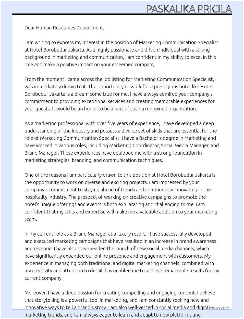 Marketing Communication Specialist At Hotel Borobudur Jakarta Cover Letter
