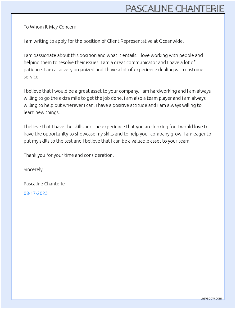 CLIENT REPRESENTATIVE At OCEANWIDE Cover Letter