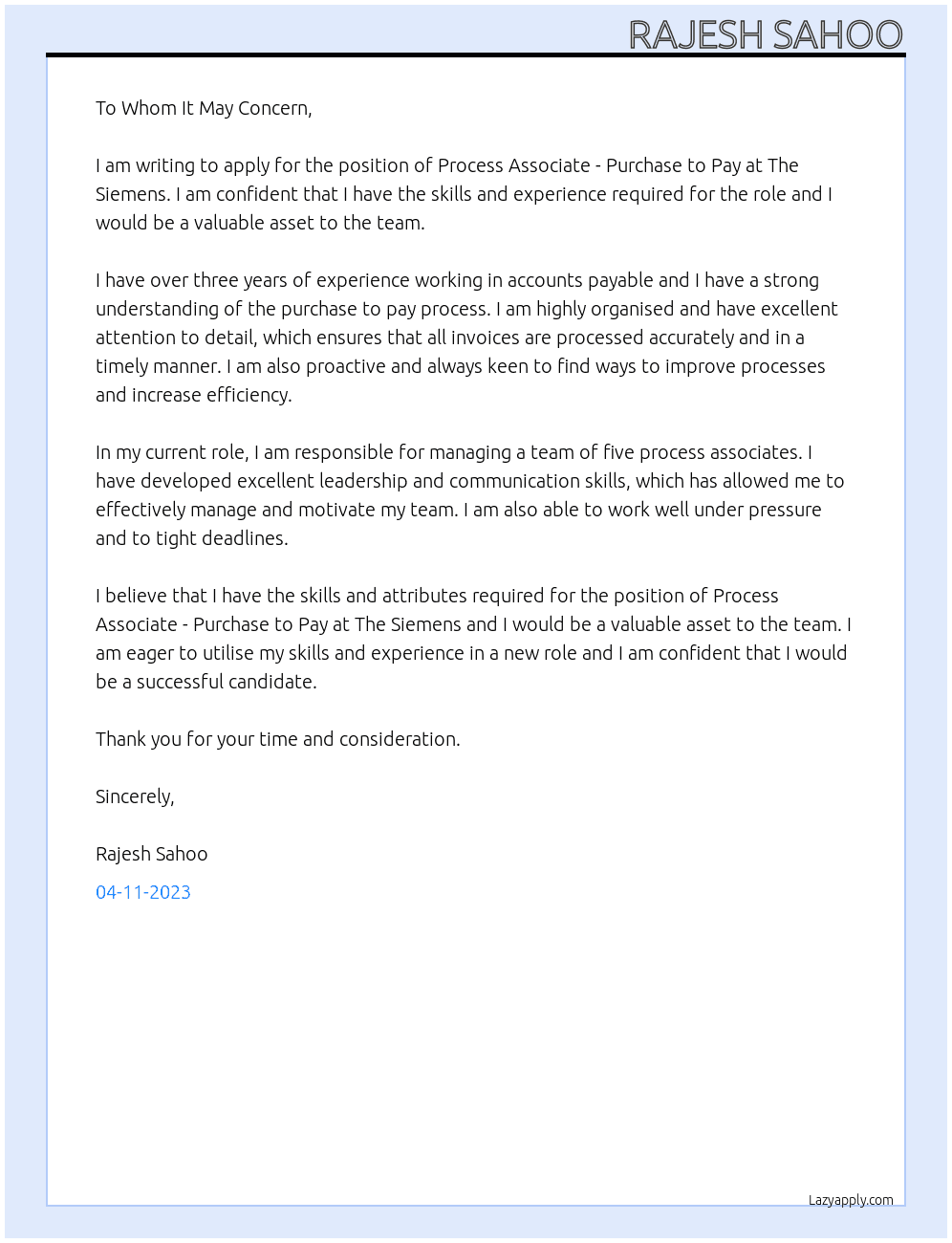 Process Associate - Purchase to Pay At  The Siemens Cover Letter